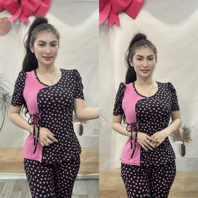 Product Introduction of - Mẫu Mới  { Quần Ống Ôm } Đồ Bộ Thiết Kế Thun Aty Tơ - Cỗ tròn chấm bi tay lỡ size 12345 2