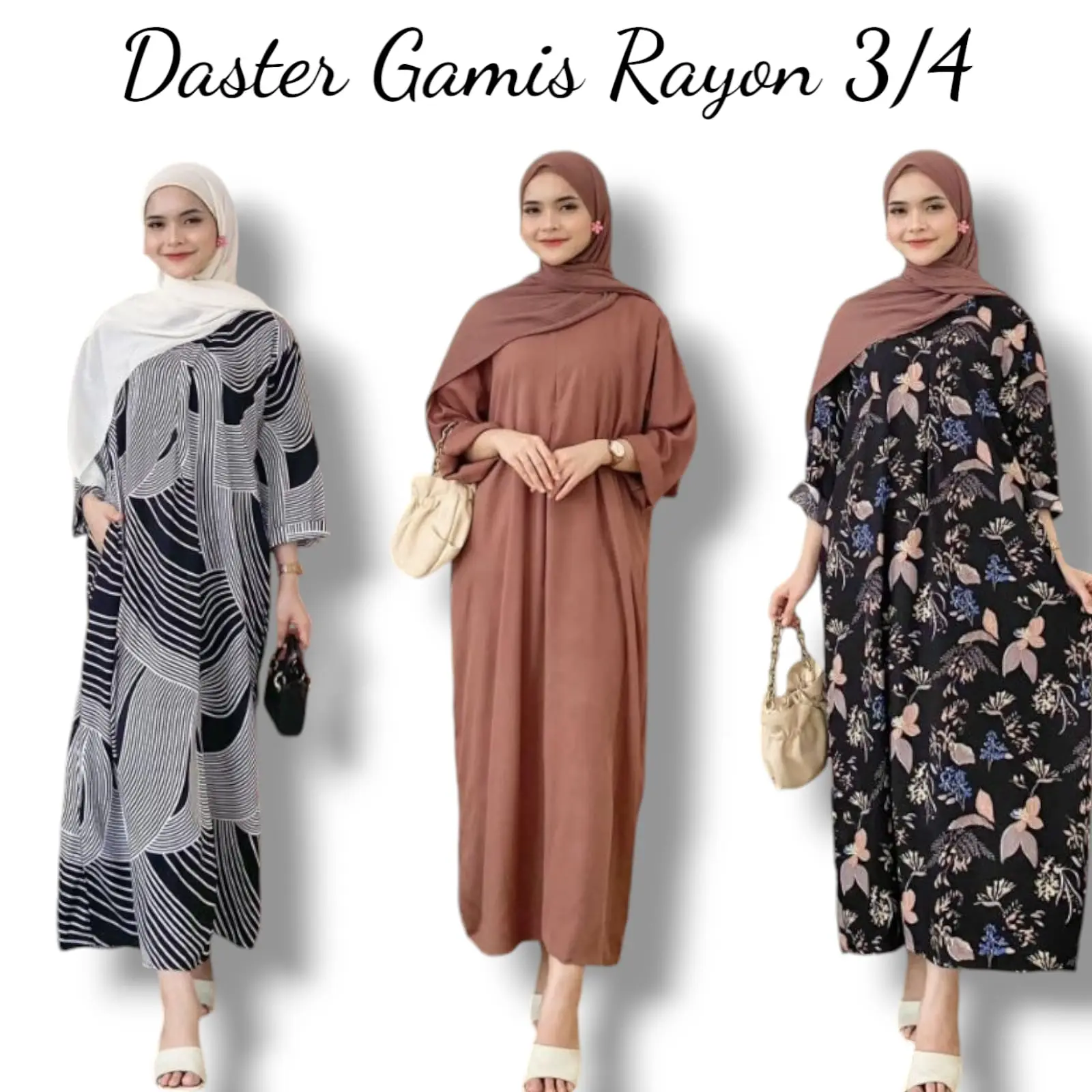 Daster Wanita Rayon Premium Lengan 3/4 dengan Kantong dan Resleting - Gamis