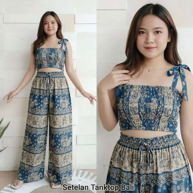 One Set Tanktop & Celana Kulot Panjang Motif Gajah Thailand Rayon Adem variasi 10