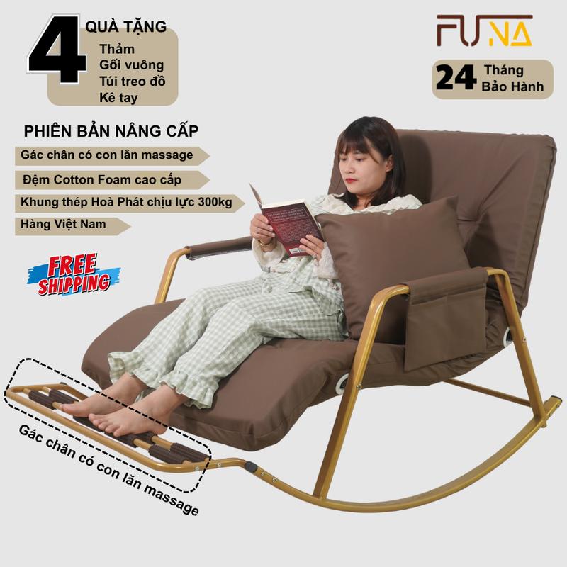[NÂNG CẤP] Ghế bập bênh thư giãn FUNA phiên bản nâng cấp gác chân có con lăn, đệm nguyên tấm từ Cotton foam siêu êm,  điều chỉnh lưng + gác chân 5 cấp độ,  với khung sắt Hòa Phát chắc chắn sơn tĩnh điện bền bỉ.