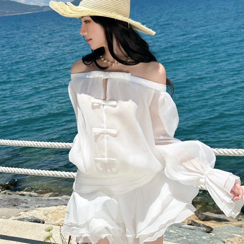 Đầm váy tay dài bẹt vai phối nơ xoè kem trắng Mixiz House chất tơ hàn