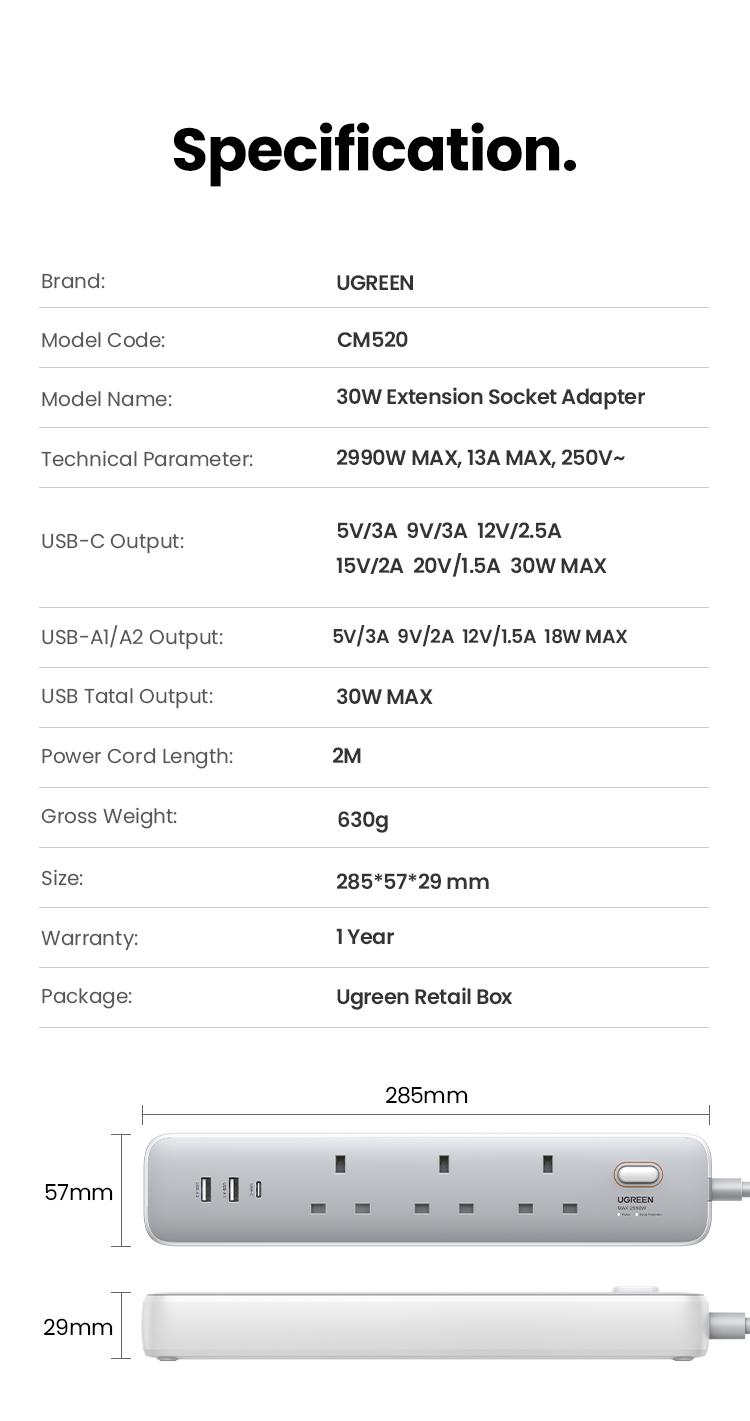 Product Introduction of UGREEN PD30W Socket 6-in-1 USB-A USB-C Fast Charging Extension Socket with 2m Cord for iPhone 15 14, Macbook, Laptop, Fans 21