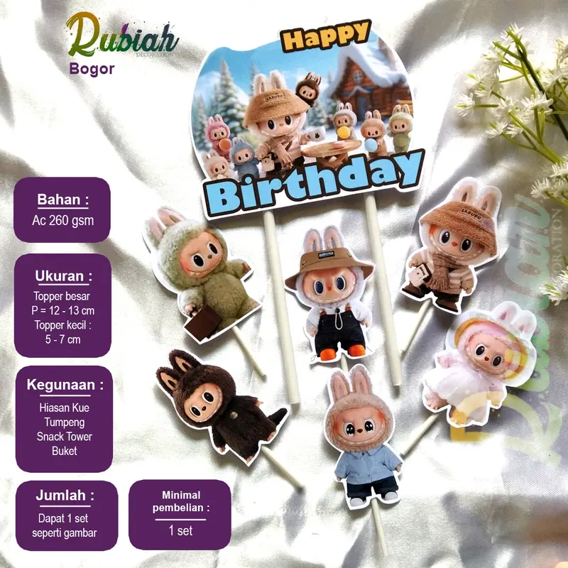 Custom Nama Foto Topper cake Karakter Labubu Hiasan Kue Ulang Tahun Snack Tower Buket Tumpeng 0