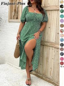 【プラスサイズ】Ditsy Floral/All Over Print Split Thigh Dress、カジュアルなパフスリーブタイフロントドレス、女性プラス夏のデイリーウェア