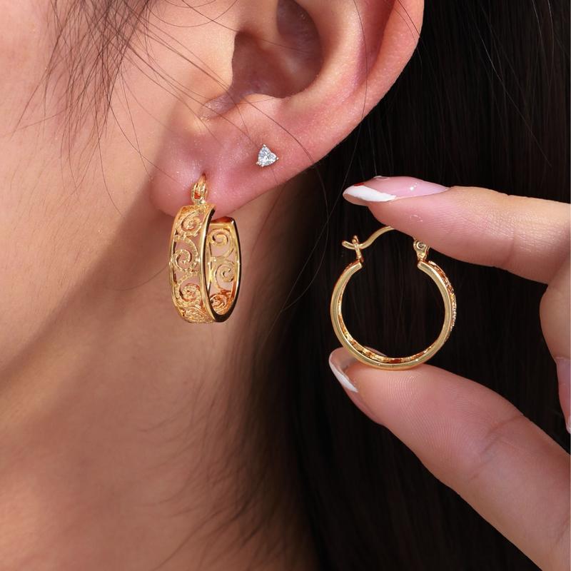 Product Introduction of Imitation Gold Carved Hollow Design, Stylish Hoop Earrings 1