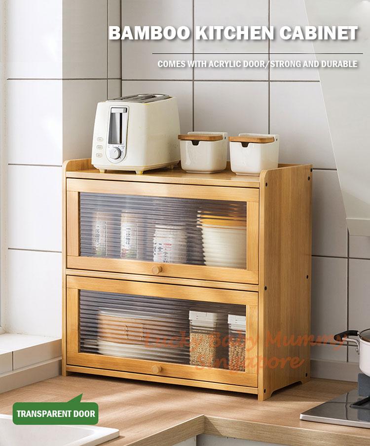 Product Introduction of Kitchen Bamboo Cabinet with Acrylic Flip Door Transparent Storage Counter Dining Household Cupboard 15