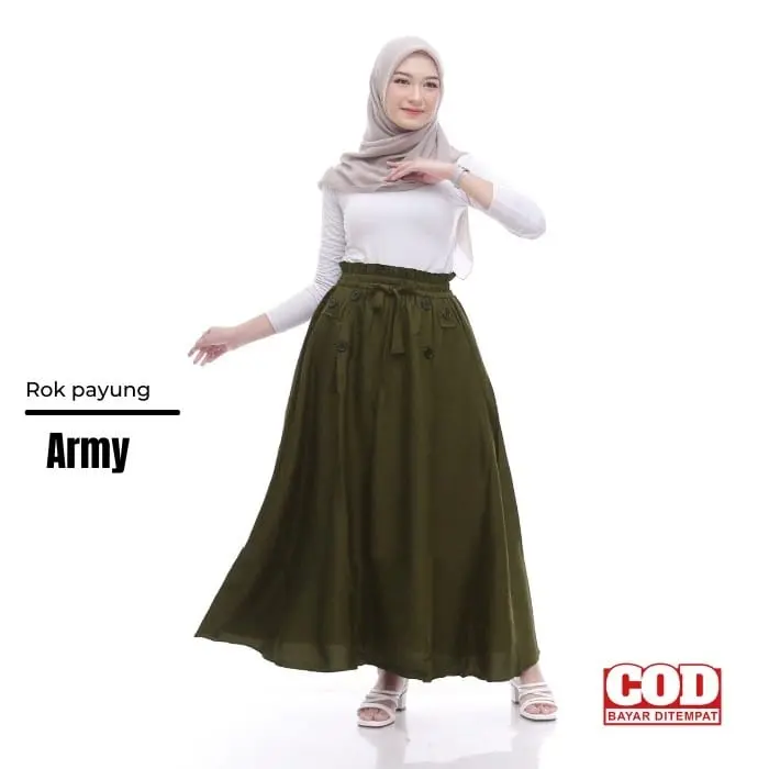 ROK PAYUNG PANJANG JUMBO WANITA REMAJA DEWASA POLOS HITAM ABU NAVY ARMY MILO LAVENDER bahan moscrape grade A hijau kancing Karet Melar Standar High Bawahan Nyaman Variasi 6