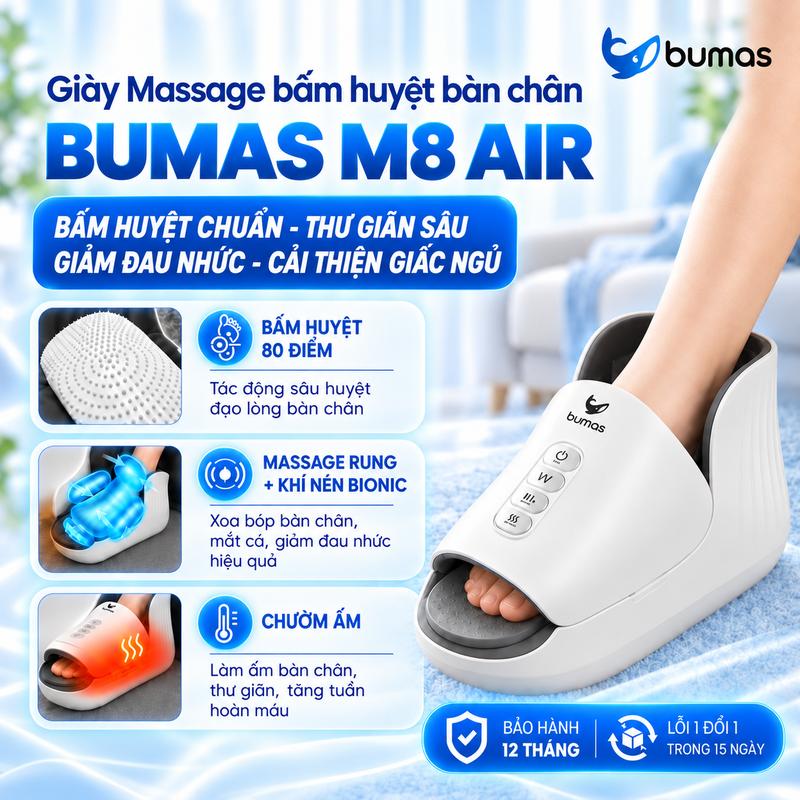 Giày Massage Bấm Huyệt Bàn Chân BUMAS M8 Air, Massage Chân Khí Nén, Chườm Nóng, Rung Thư Giãn, Thư Giãn Bàn Chân Giúp Ngủ Ngon, Sâu Giấc