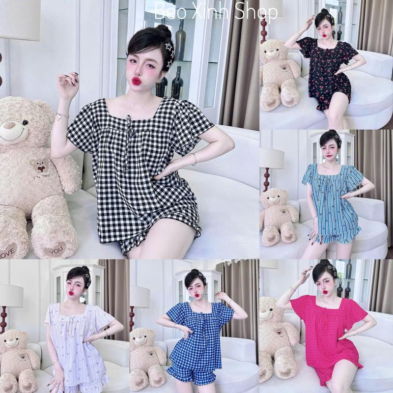 Đồ Bộ - Đồ Ngủ Quần Áo Đùi Vân Sóng Tiểu Thư Phối Cổ Vuông Pijama Bigsize 50-100kg Vải Xốp Bộ Ngủ Nữ Nhung Lịch Women Quần Ngủ - A.5044
