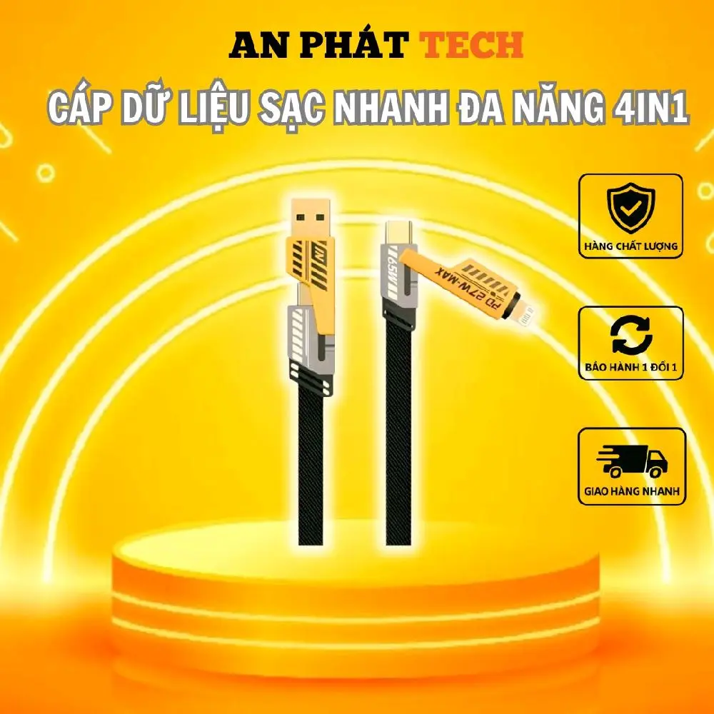 Cáp Dữ Liệu 4 Trong 1 Sạc Siêu Nhanh, 65W,  Dành Cho iPhone, Huawei, Xiaomi