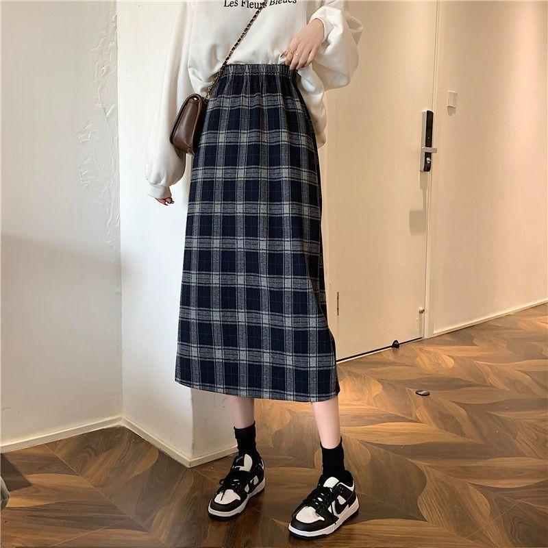 Chân váy midi kẻ sọc mới Chân váy chữ A cổ điển cạp cao cho nữ Chân váy dài E62 Women 7