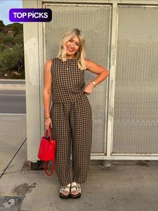 Conjunto de dos piezas para mujer con top tipo tank y pantalones de pierna ancha con estampado de cuadros gingham, atuendos casuales y cómodos de moda para uso diario y al aire libre, ropa de mujer para primavera y otoño
