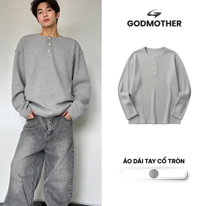Áo Thun Dài Tay Cổ Tròn GODMOTHER Áo Long Tee Cổ Phối Cúc Unisex Chất Liệu Tổ Ong Phong Cách Tối Giản ADF26002