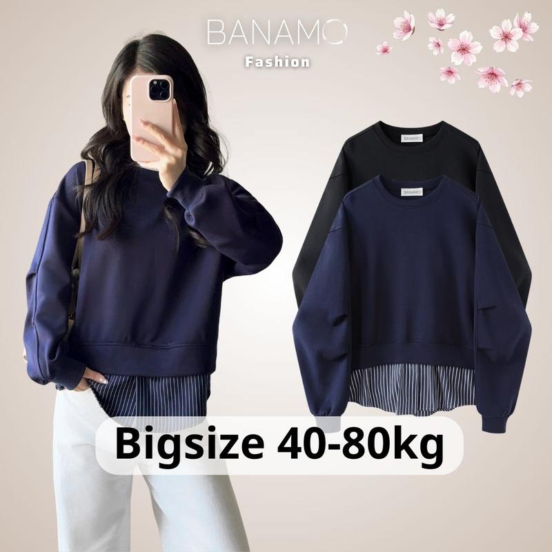  Áo Sweater nữ BIGSIZE Banamo Fashion áo nỉ cổ tròn dài tay form rộng phối vạt kẻ sọc giả sơ mi 394 
