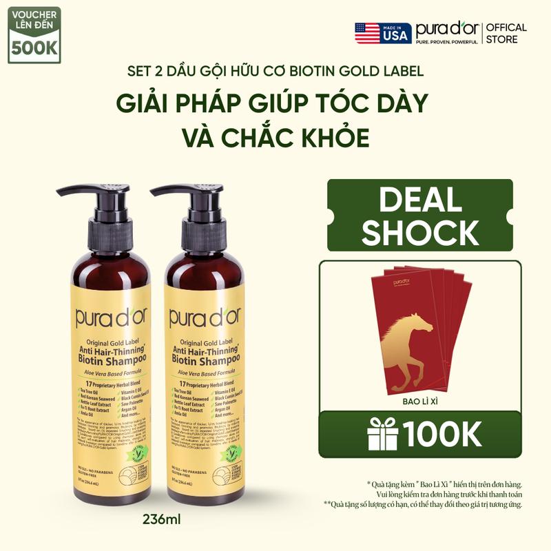   Deal shock  Combo 2 Dầu Gội Giảm Rụng Tóc Organic Pura D'or Biotin Gold Label 236ML | Chăm Sóc Tóc Chăm Sóc Da Đầu Dưỡng tóc Hỗ Trợ Mọc Tóc 