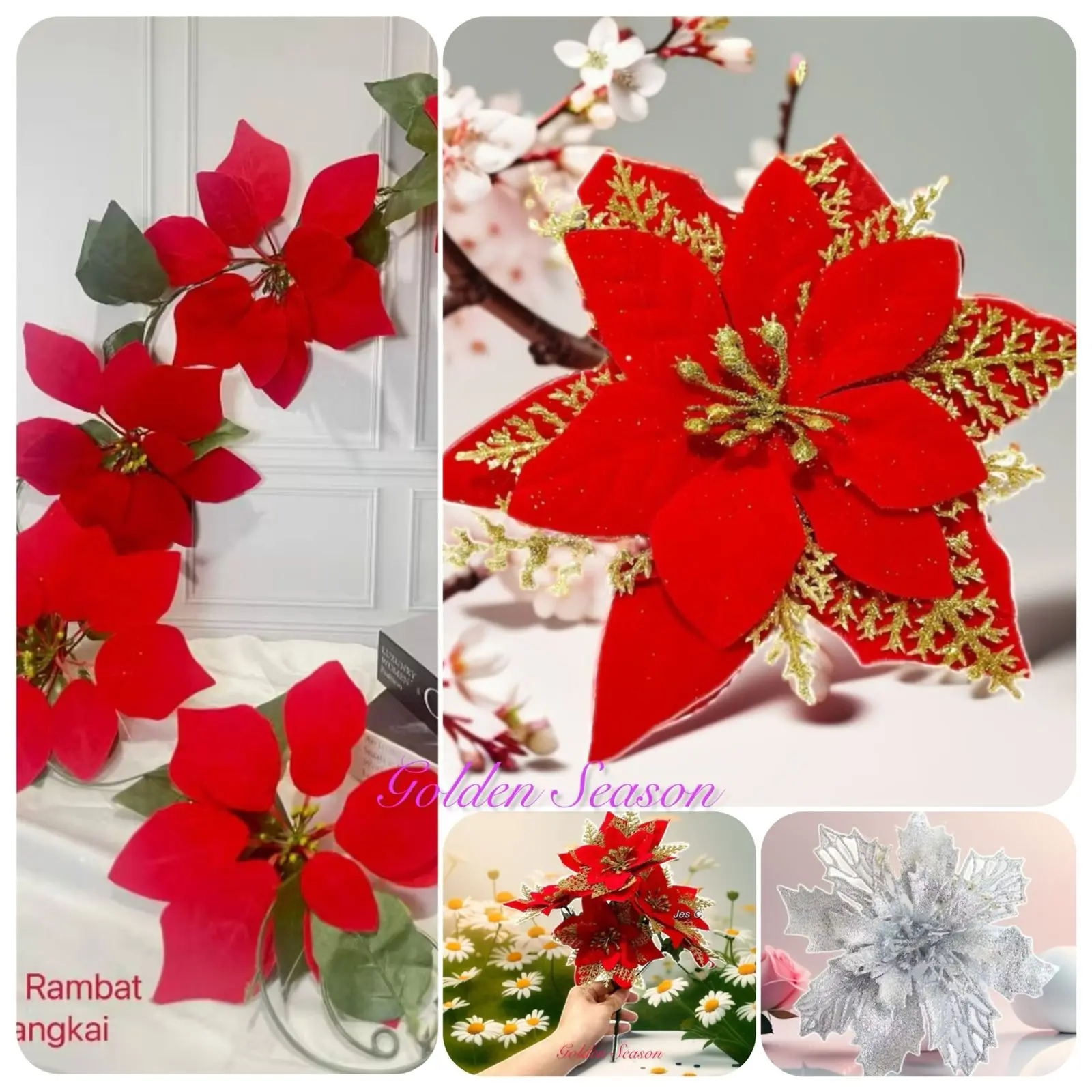 BUNGA NATAL GLITTER ANEKA MODEL - POINSETTIA ARTIFICIAL FLOWER CHRISTMAS DECORATION XMAS FLOWER