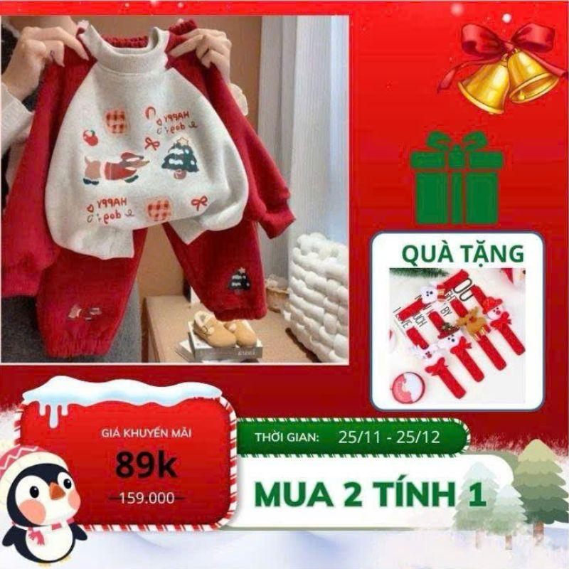   TẶNG VÒNG TAY NOEL     Bộ quần áo nỉ đỏ hoạ tiết cây thông NOEL chất liệu nỉ bông ấm áp cho bé trai bé gái 8-18kg 
