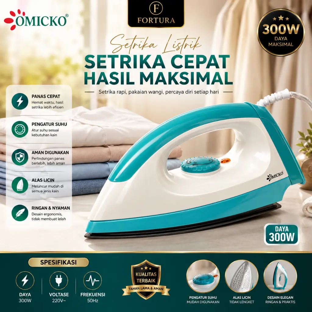 Setrika Listrik Omicko OM-666 – Anti Lengket, Panas Cepat Stabil, Hemat Listrik | Electric Iron COD