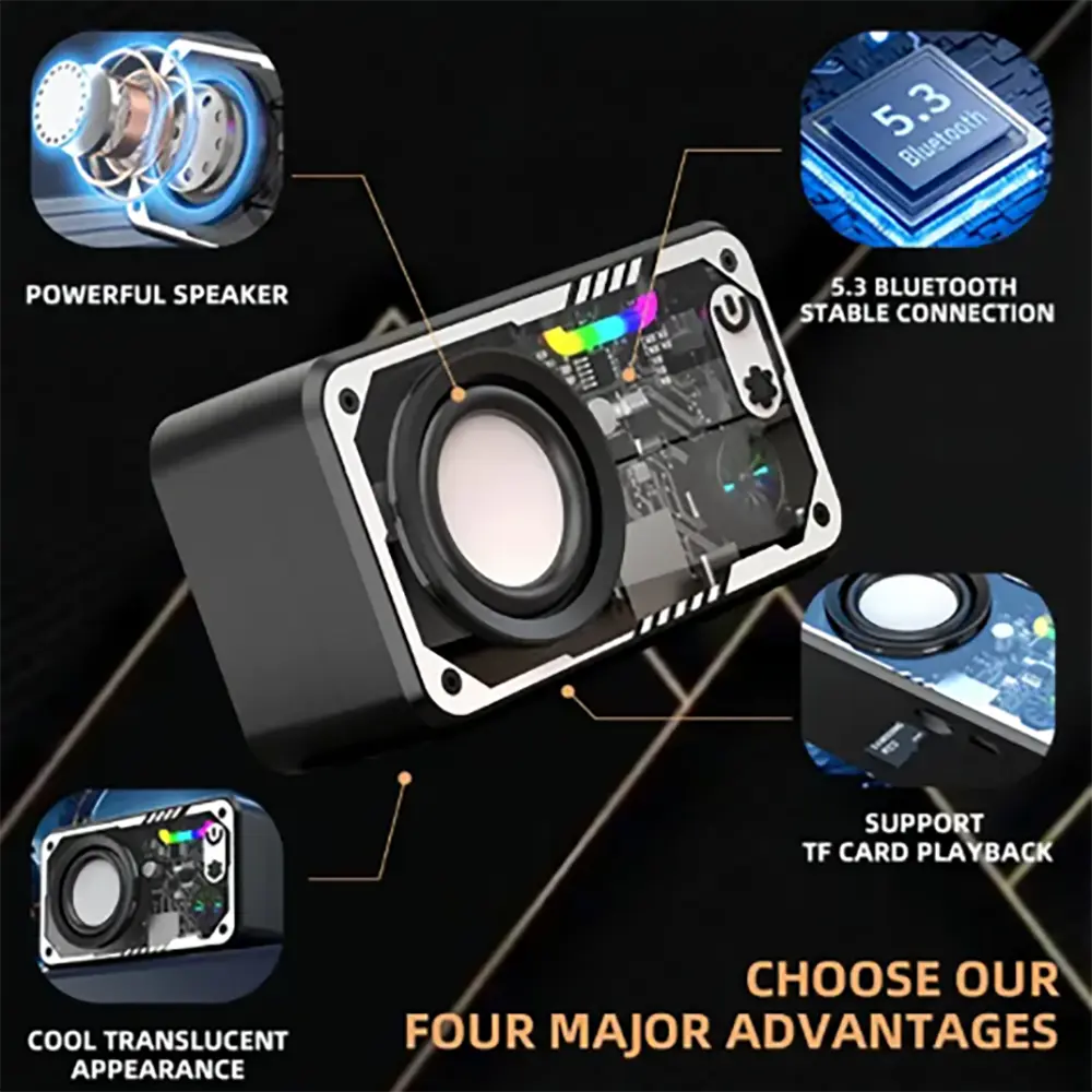 Loa Bluetooth 5.3, Loa RGB 360 °, Bass trong suốt, Thiết kế Hợp Xu hướng Tần số Thấp nặng, Hoàn hảo cho bữa tiệc, ô tô / RV