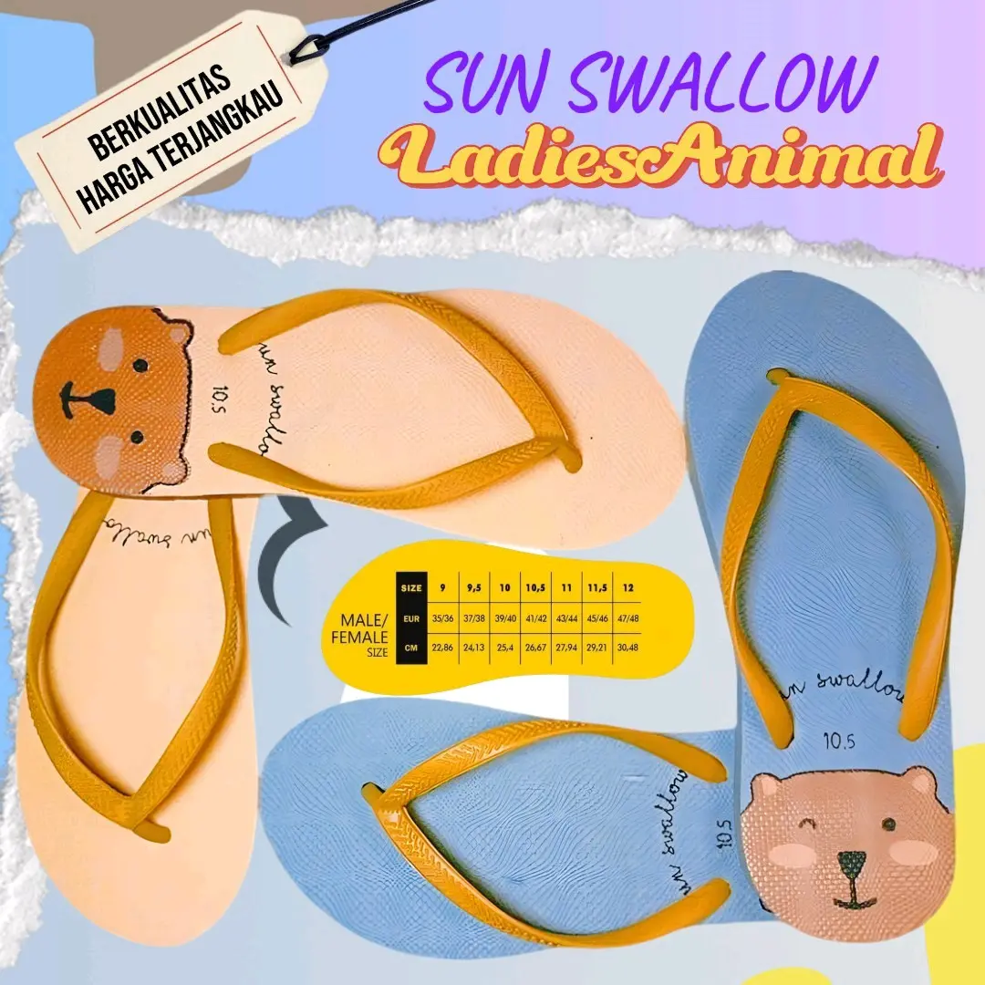 GROSIR 1/2 LUSIN!! Sandal Sun Swallow Ladies Animal ukuran Seri 9,5-10,5(39-41) Sendal Karet  Perempuan Wanita Cewek Jepit