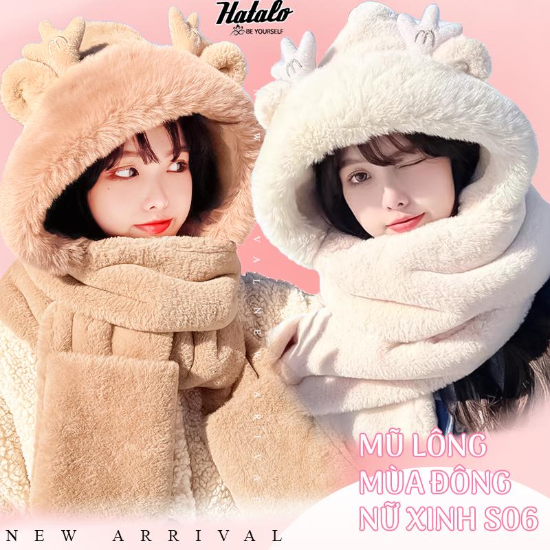 Mũ len nữ mùa đông trùm đầu tai gấu sừng hươu kèm khăn bao tay nhiều mầu sắc thời trang