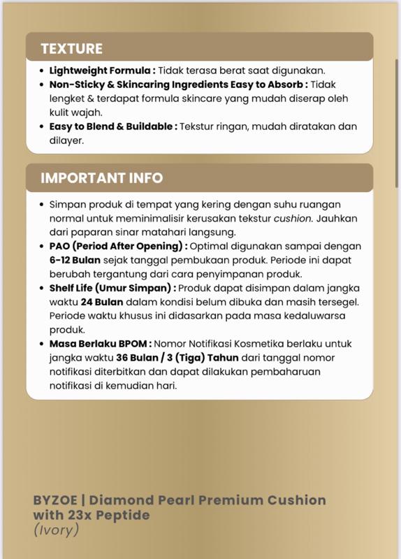 [PAYDAY OWNER DEALS] BYZOE 24Hours PowerStay Diamond Pearl Premium Cushion Matte with Diamond Powder, Pearl Extract, Extract Burung Walet, 23x Peptide.  Concealer Foundation Wajah