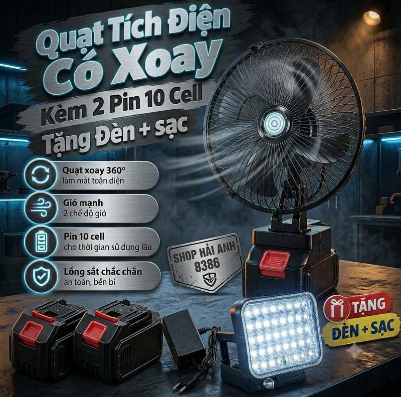 [Combo 5 Món ] Quạt Xoay + 2 Pin 10 Cell + Đèn 35 Mắt+ Sạc . Quạt Tích Điện Kèm 2 Pin Tặng Ngay 1 Đèn Tích Điện Siêu Sáng