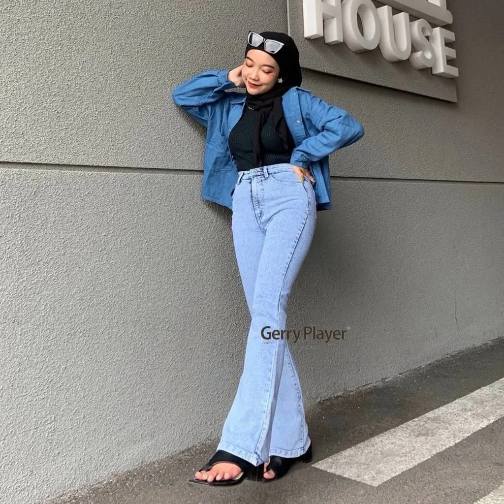 Highwaist Jeans Cutbray Celana Wanita stretch Biru Retro Snow White Gaya Kekinian Panjang Vintage Street Style ritsleting jeans  cutbray