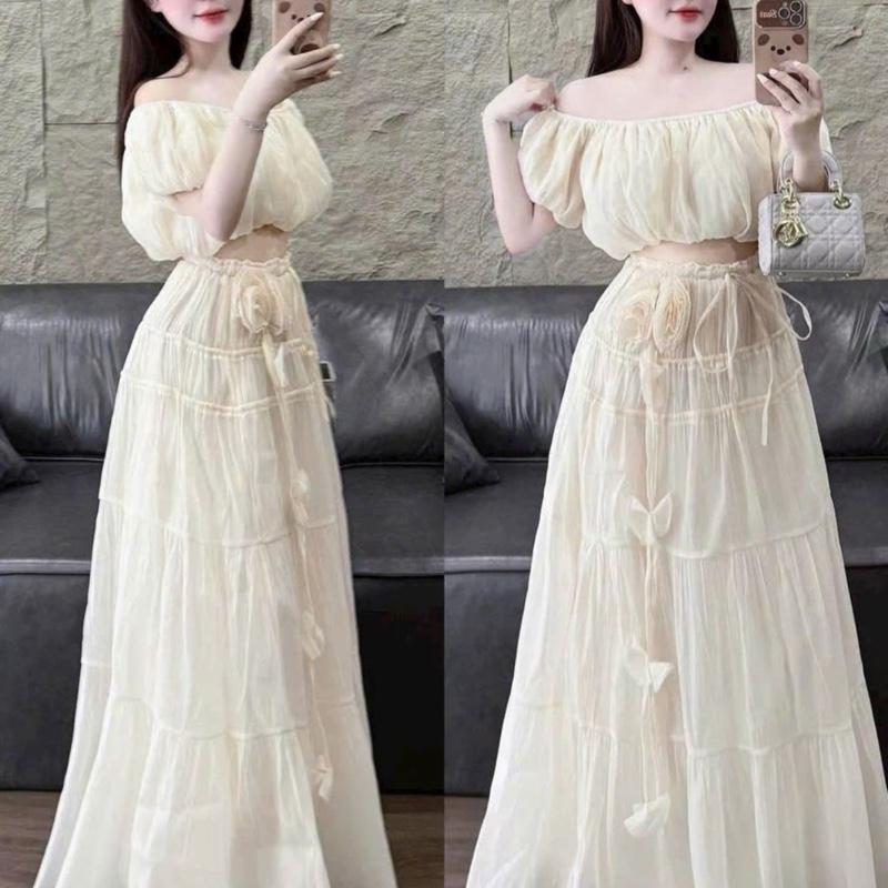 [Bèo Béo Bigsize] Set Áo Crop Trễ Vai Tơ Cuộn Tay Bồng Kèm Chân Váy Midi Tơ 2 Hoa Đính Form Bigsize 60-90Kg