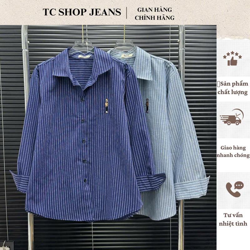 TCSHOPJEAN ÁO SƠ MI NỮ TAY DÀI BIGSIZE KẺ SỌC XANH CHẤT LINEN SỌC THÊU GẤU AT 9030