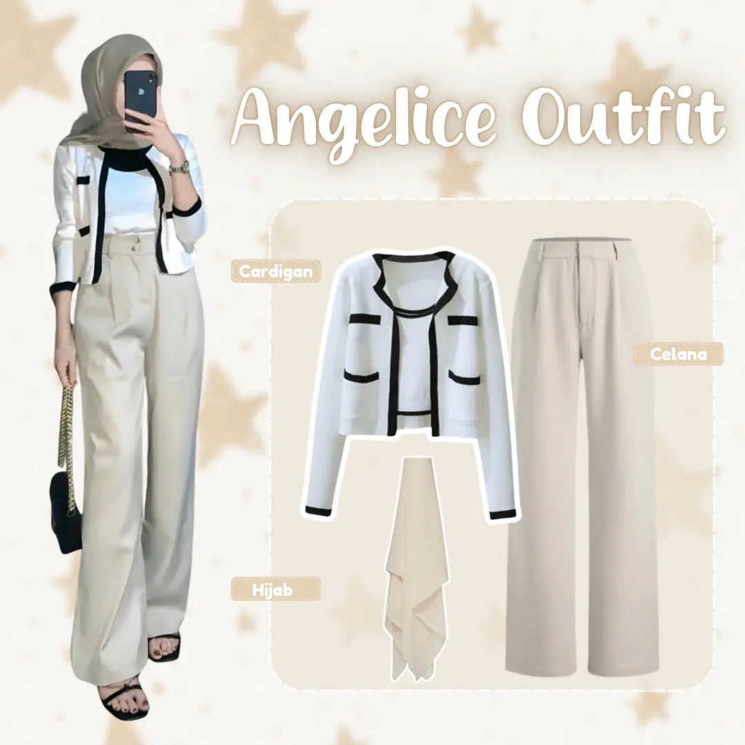 One Set Angelice Outfit ( Cardigan + Celana + Hijab ) Ootd Korean Style | Fashion Wanita Kekinian