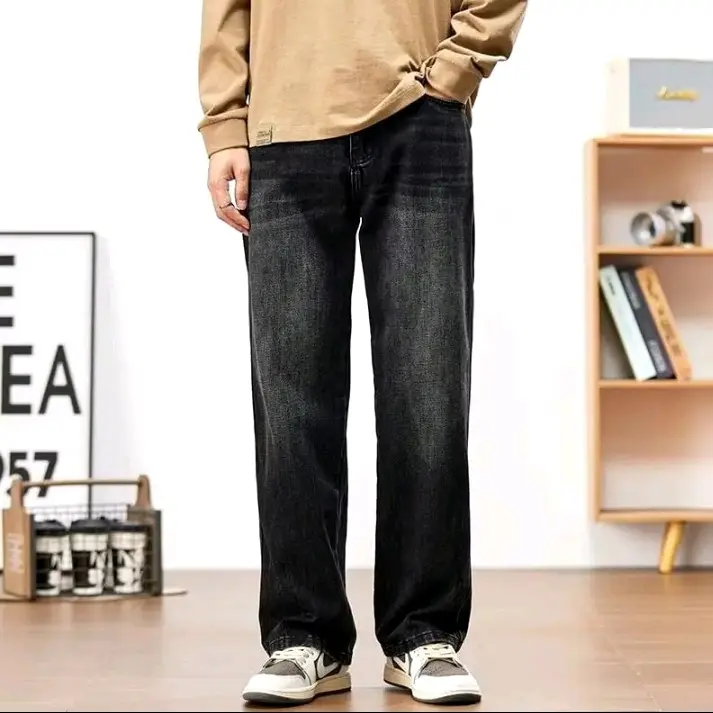 Celana panjang jeans washed loose fit pria Basic Denim Nyaman Tebal Santai Oversize Keren Straight Formal Stretch Standar Standar Slim Biru Dark Hitam