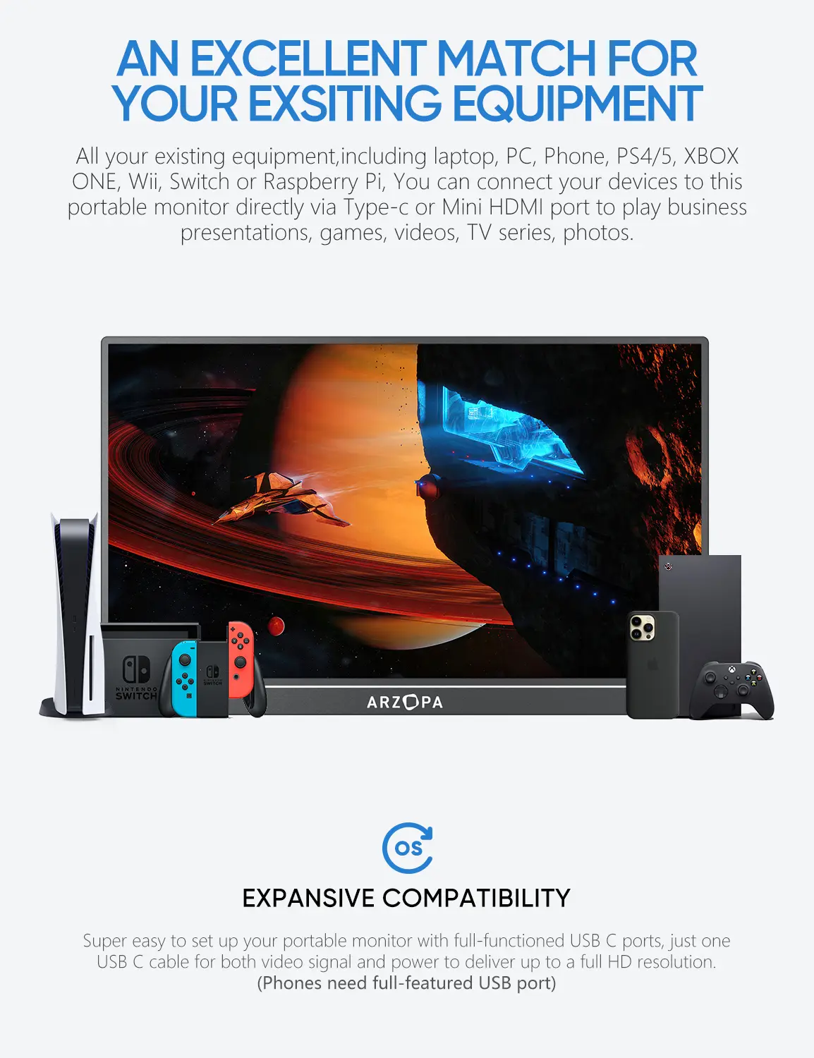 Màn hình di động ARZOPA 17,3 ", A1M, Độ phân giải 1080P FHD, 103% sRGB, Màn hình chơi game IPS, Tương thích với máy tính xách tay, Có chân đế tích hợp, HDMI và cổng USB C, Màn hình ngoài, Thích hợp cho PC, Mac, Điện thoại, Xbox, Switch, PS5 | BigBuy360 - bigbuy360.vn