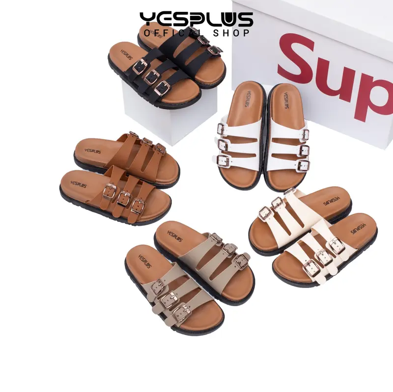 [YESPLUS] 2508-2 Sandal Selop Wedges Wanita Motif Strap Tiga Tali Gesper  Import Premium Model CREAM 37