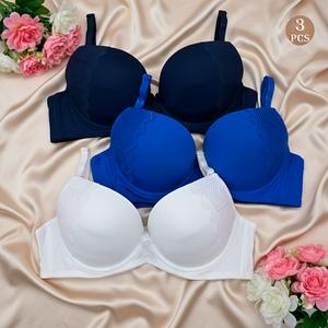 BR6019*  3 SUJETADORES Para Mujer EN COPA B Y C CON VARILLA  Diseño: Zigzag a media copa -ideal para regalar o consentirte a ti misma