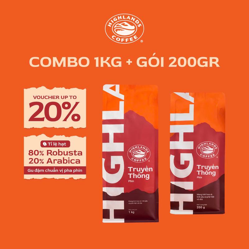 COMBO CÀ PHÊ TRUYỀN THỐNG GÓI 1 KG VÀ 200GR HIGHLANDS COFFEE