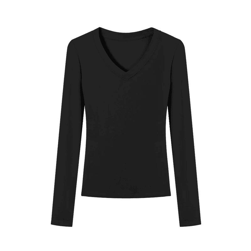  Áo Thun Nữ Dài Tay Cổ Chữ V Vừa Vặn Màu Đen Áo Crop Top Bó Sát Thích Hợp Để Lót Lên Thích Hợp Cho Mùa Xuân Mùa Thu Và Mùa Đông Hoàn Hảo Cho Vẻ Ngoài Sang Trọng Mới Cho Năm 2025 áo  trễ  vai lông mùa đông cho nữ kiểu 
