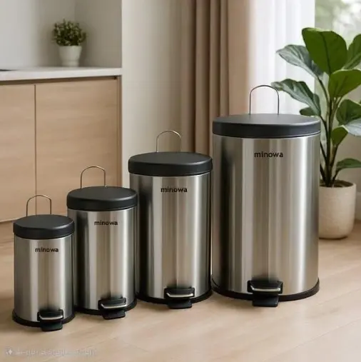 Tempat Sampah Injak Minowa Stainless Steel | Tempat Sampah Pedal Kamar Mandi, Dapur & Kantor, Desain Modern, Anti Karat, dengan Pedal Injak Praktis
