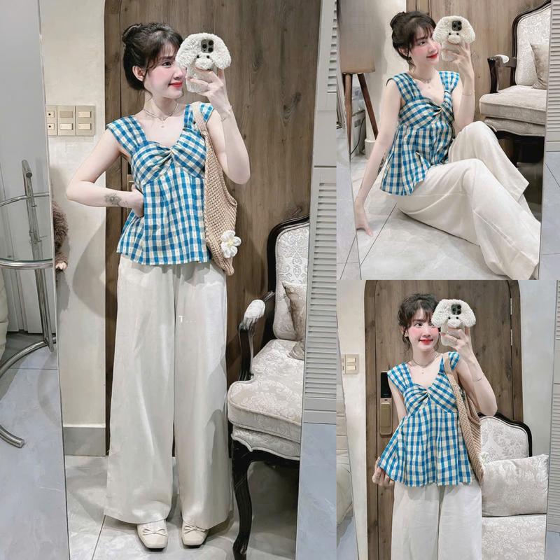  Bộ Đồ Nữ Áo Sọc Caro Xoắn Ngực Mix Quần Dài Ống Rộng 2 Lớp Cho Nàng Đi Chơi Mặc Ở Nhà Phong Cách Thời Trang 
