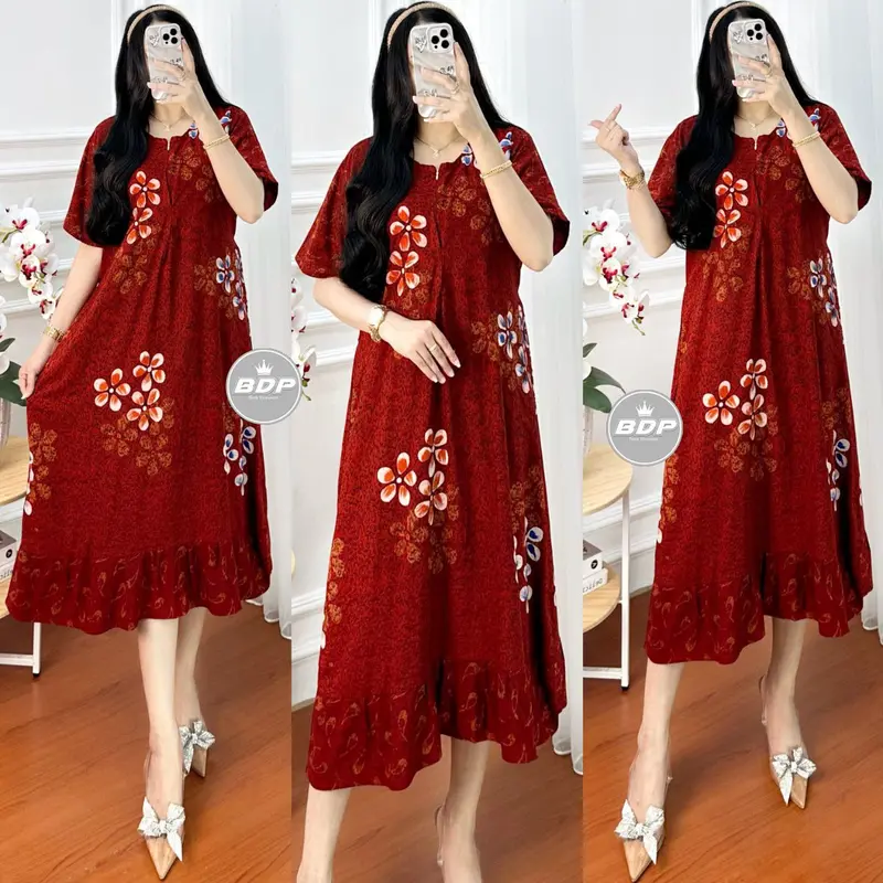 Terbaru | Daster Maura Wanita Kekinian Lengan Pendek Rayon Busui Resleting Depan - Daster Motif Terbaru - Baju Tidur Daster Katun Musim panas Bumil Batik Dress Panjang Belah Samping 1