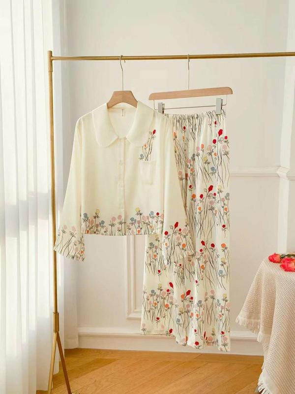 N431 - Pijama dài tay lụa mặc nhà cho nữ hoạ tiết hoa sắc màu- Bộ ngủ lụa mặc nhà hàng quảng châu cao cấp