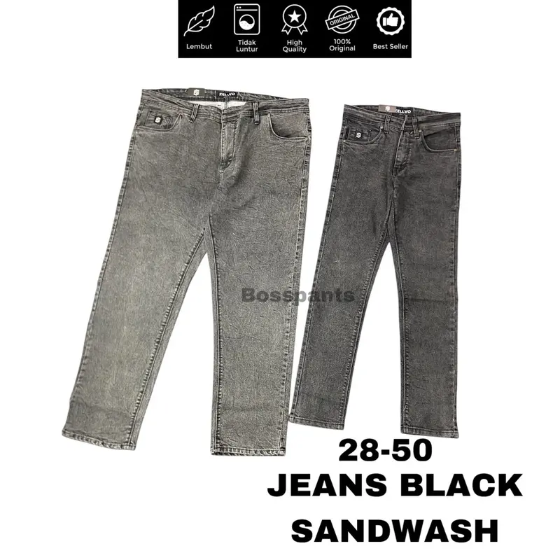 ZELLVO  - Celana Jeans JUMBO BLACK SANDWASH Panjang Slimfit Stretch Premium Soft Jeans Nyaman Tebal Melar Santai Distro 8