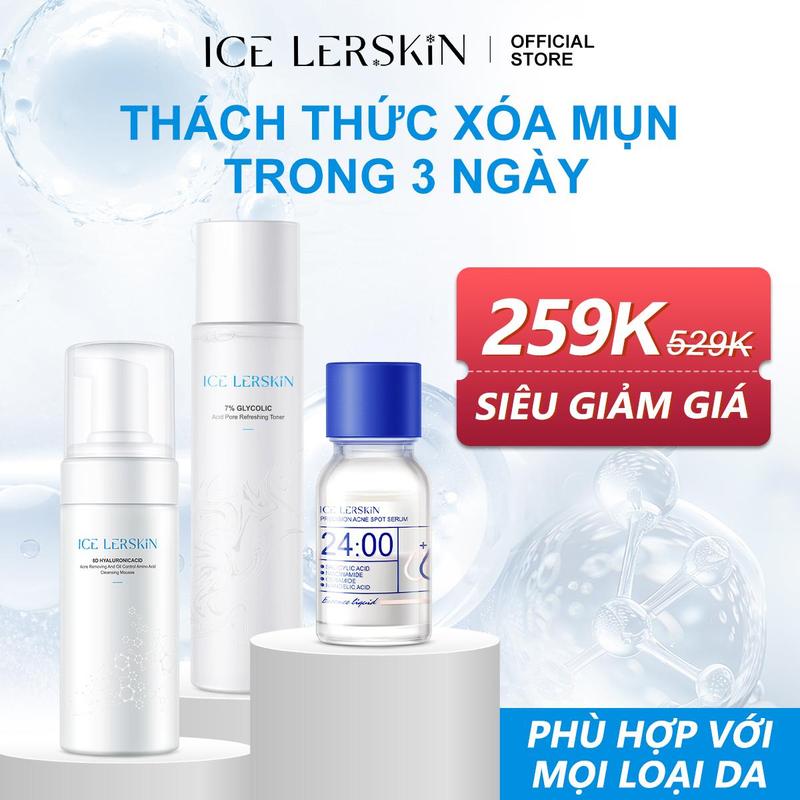 ICE LERSKIN Bộ điều trị mụn trứng cá làm sạch sâu chuyên sâu Tinh Chất Trị Mụn 10ml + Nước Hoa Hồng AHA nồng độ 7% 200ml + Mousse Rửa Mặt 150ml Phù hợp với mọi loại da