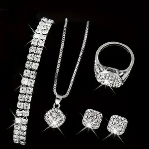 Simple and light luxury diamond necklace + ring + earrings + bracelet 4-piece set, fashionable design, high-end matching jewelry set for women