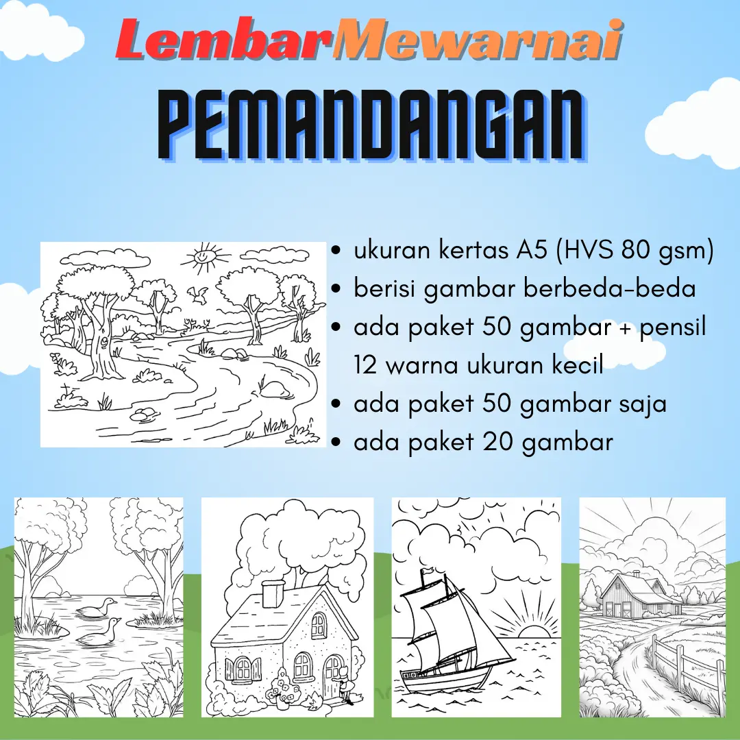 Paket Edukasi Mewarnai Anak-Anak Tema Pemandangan HVS 80 Gram - Toys Kertas Lembar Kertas kertas  mewarnai tk