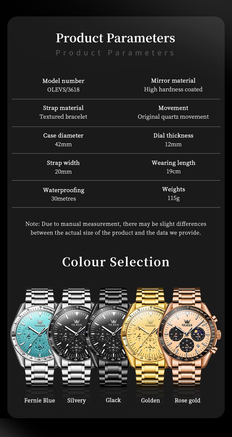 Product Introduction of OLEVS Men's Multifunction Steel Watch | Swiss Quartz + Sapphire Glass | 30M Waterproof & Luminous Dial | Business Minimalist Model 3618 7