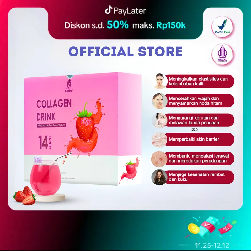 Queensi Collagen Drink - Minuman Kolagen Serbuka Rasa Strawberry dengan Vitamin C dan E Pemutih Badan & Kulit 1