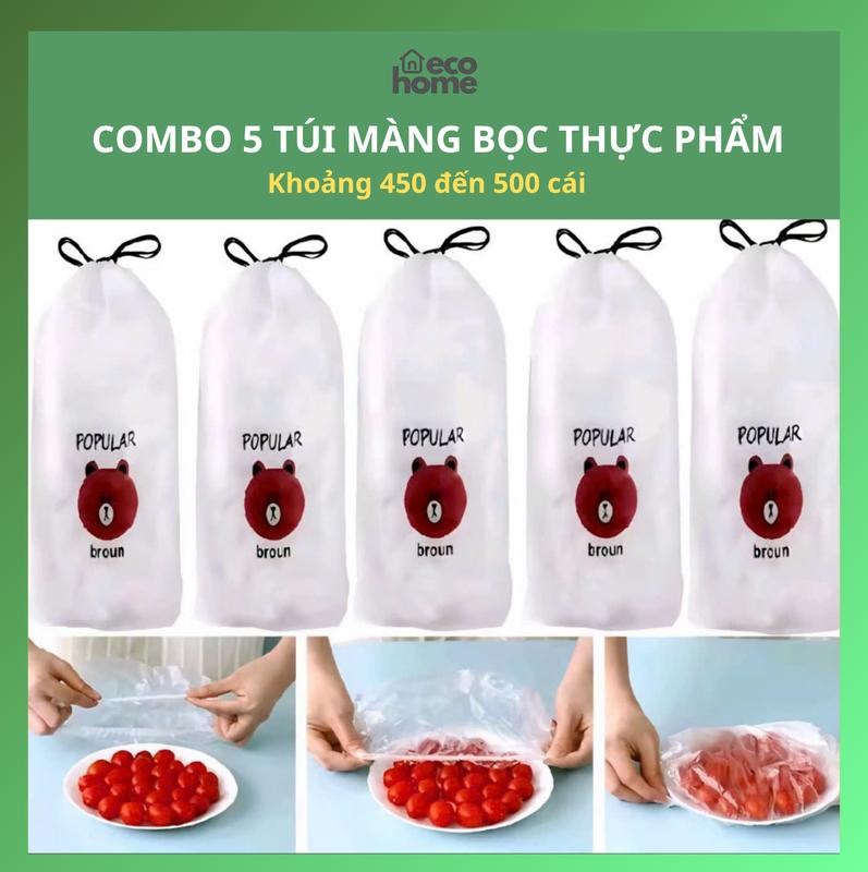 Combo 5 Túi Màng Bọc Thực Phẩm Co Giãn Siêu Dai Có Chun Kèm Túi Gấu Chất Liệu…