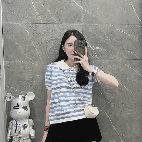 Áo len nữ cộc tay THÊU HOA TRÀ chất len mongtoghi mỏng mát freesize #lynmostore