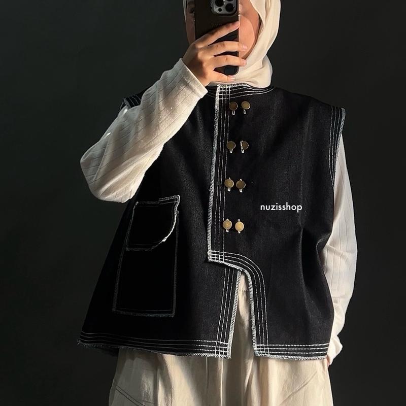 NUZI - Haein Vest Jeans Premium Kemeja Rompi Outer Wanita Atasan Oversized Woman Import Korean Style Shirt Stripe Sleveless 2